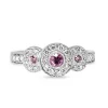 9ct White Gold Pink Sapphire and Diamond Halo 3 Stone Ring
