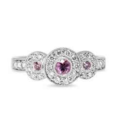 9ct White Gold Pink Sapphire and Diamond Halo 3 Stone Ring