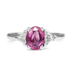14ct White Gold Pink Sapphire and Trillion Diamond 3 Stone Ring