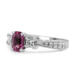 14ct White Gold Pink Sapphire and Diamond 3 Stone Ring