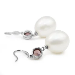 14ct White Gold Pink Topaz, Diamond and 10mm Fresh Water Pearl Earrings