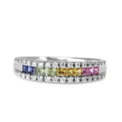 9ct White Gold Rainbow Sapphire and Diamond Band Ring
