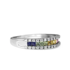 9ct White Gold Rainbow Sapphire and Diamond Band Ring