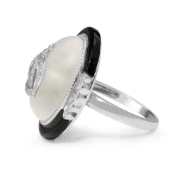 18ct White Gold Rock Crystal, Onyx and Diamond Ring