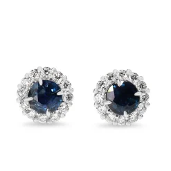 18ct White Gold Round Sapphire Halo Stud Earrings