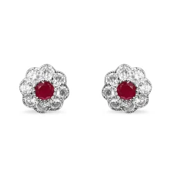 9ct White Gold Ruby and Diamond Daisy Stud Earrings