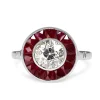 18ct White Gold Ruby and Diamond Art Deco Style Old Cut Diamond Target Ring