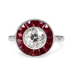 18ct White Gold Ruby and Diamond Art Deco Style Old Cut Diamond Target Ring
