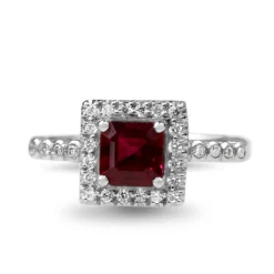 18ct White Gold Ruby and Diamond Square Halo Ring