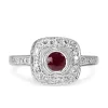 18ct White Gold Ruby and Diamond Cushion Shaped Halo Ring