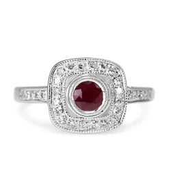 18ct White Gold Ruby and Diamond Cushion Shaped Halo Ring