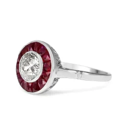18ct White Gold Ruby and Diamond Art Deco Style Old Cut Diamond Target Ring