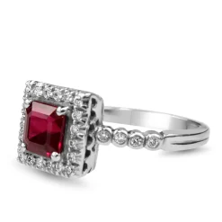 18ct White Gold Ruby and Diamond Square Halo Ring