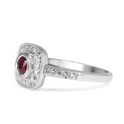18ct White Gold Ruby and Diamond Cushion Shaped Halo Ring