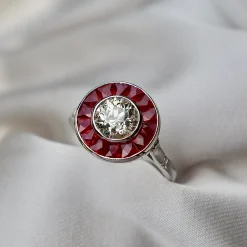 18ct White Gold Ruby and Diamond Art Deco Style Old Cut Diamond Target Ring