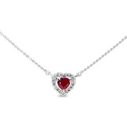10ct White Gold Ruby Heart and Diamond Halo Necklace
