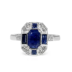 18ct White Gold Sapphire and Diamond Deco Style Ring