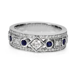 18ct White Gold Sapphire and Diamond Deco Style Band Ring