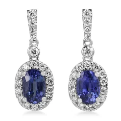 18ct White Gold Sapphire and Diamond Drop Halo Earrings