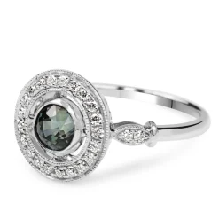 18ct White Gold Sapphire and Diamond Deco Style Halo Ring