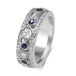 18ct White Gold Sapphire and Diamond Deco Style Band Ring