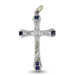 9ct White Gold Single Cut White and Yellow Diamond and Sapphire Cross Necklace
