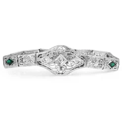 10ct White Gold Synthetic Emerald and Old Cut Diamond Art Deco Bracelet