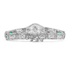 10ct White Gold Synthetic Emerald and Old Cut Diamond Art Deco Bracelet