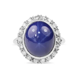 14ct White Gold Synthetic Star Sapphire and Diamond Halo Ring