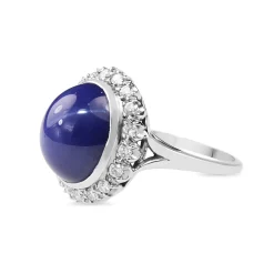 14ct White Gold Synthetic Star Sapphire and Diamond Halo Ring