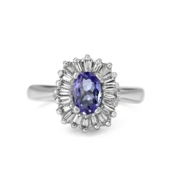 14ct White Gold Tanzanite and Baguette Diamond Halo Ring