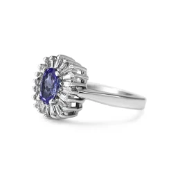 14ct White Gold Tanzanite and Baguette Diamond Halo Ring