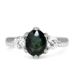 18ct White Gold Teal Sapphire and Diamond 3 Stone Ring