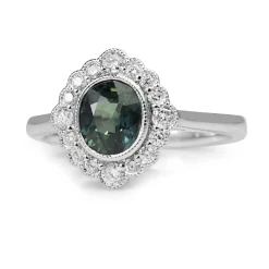 18ct White Gold Teal Sapphire and Diamond Daisy Halo Ring