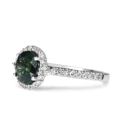 18ct White Gold Teal Sapphire and Diamond Halo Ring