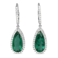 18ct White Gold Teardrop Emerald and Diamond Halo Earrings