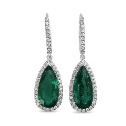 18ct White Gold Teardrop Emerald and Diamond Halo Earrings