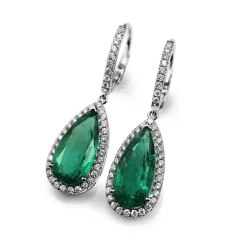 18ct White Gold Teardrop Emerald and Diamond Halo Earrings
