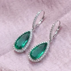 18ct White Gold Teardrop Emerald and Diamond Halo Earrings