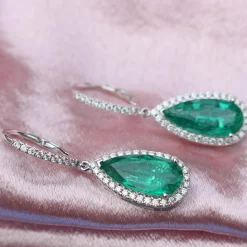 18ct White Gold Teardrop Emerald and Diamond Halo Earrings