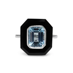 9ct White Gold Topaz and Onyx Deco Style Ring