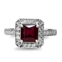 18ct White Gold Treated Ruby and Diamond Halo Ring