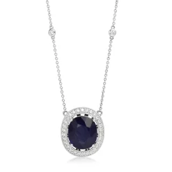 18ct White Gold Treated Sapphire and Diamond Halo Necklace