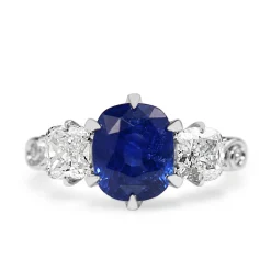 18ct White Gold Victorian Style Sapphire and Cushion Diamond 3 Stone Ring
