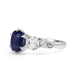 18ct White Gold Victorian Style Sapphire and Cushion Diamond 3 Stone Ring