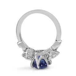 18ct White Gold Victorian Style Sapphire and Cushion Diamond 3 Stone Ring