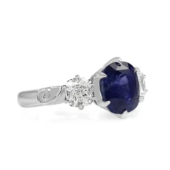 18ct White Gold Victorian Style Sapphire and Cushion Diamond 3 Stone Ring