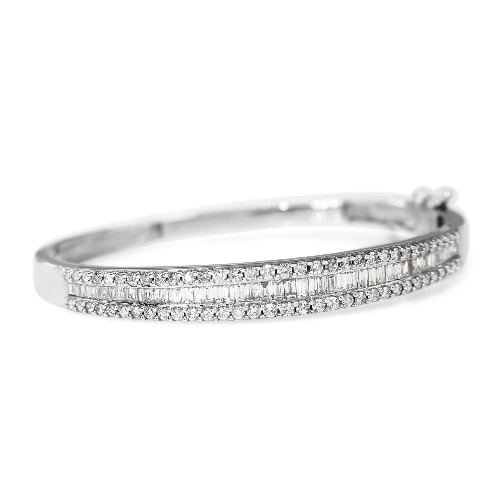 14ct White Gold Vintage Baguette and Brilliant Cut Diamond Hinged Bangle