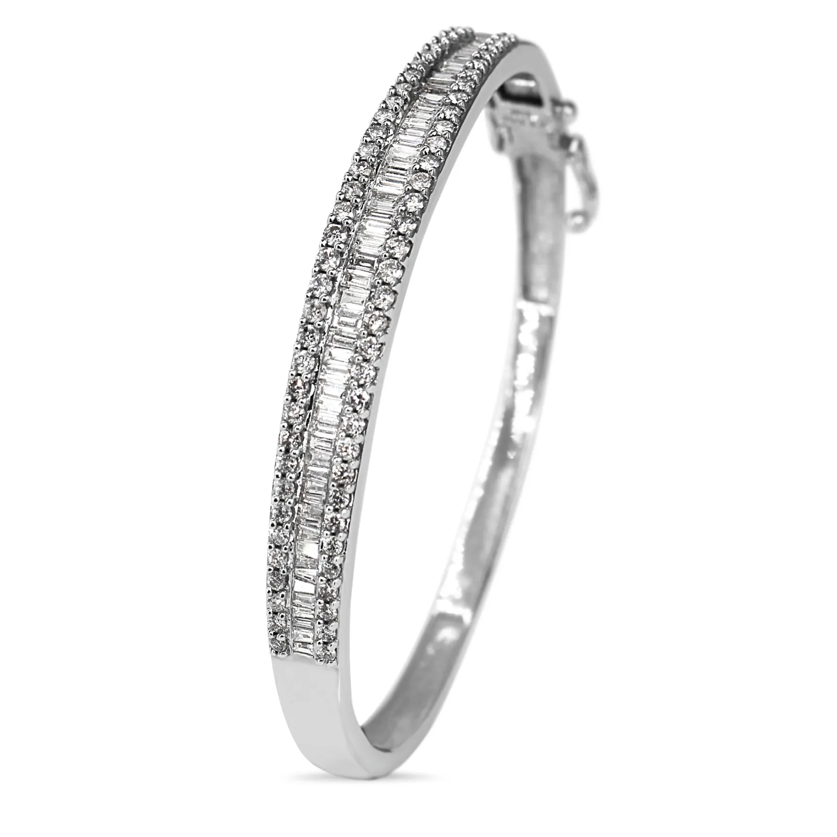 14ct White Gold Vintage Baguette and Brilliant Cut Diamond Hinged Bangle