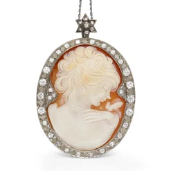 14ct White Gold Vintage Cameo and Diamond Necklace